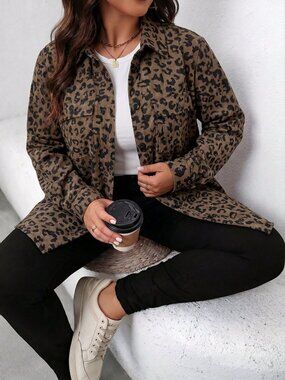 Leopard Print Women's Plus Size Casual Utility Pocket Jacket
